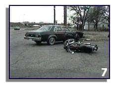 7. The car turned left in front of the motorcycle. The cyclist was not wearing a helmet and suffered severe injuries from which he eventually recovered. The driver of the vehicle was charged with failure to yield.
