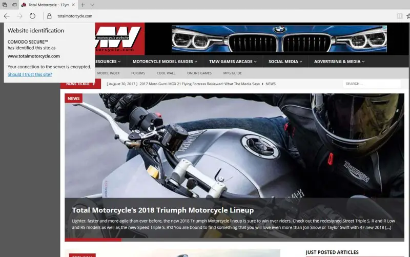Screen shot: SSL Secure working on Microsoft Edge