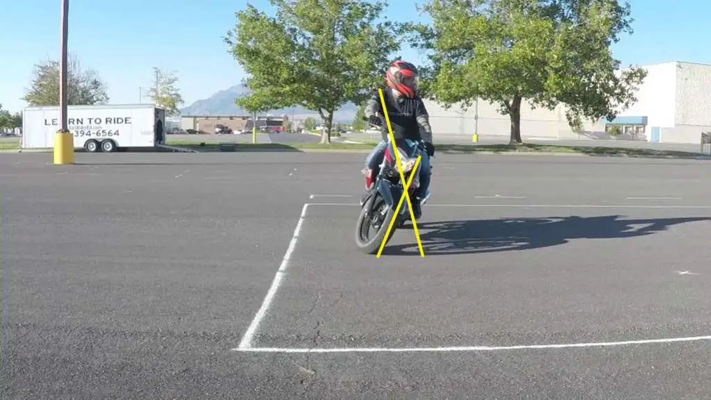 The rider faces the camera, the motorcycle leaned far to the right and the riders shoulders leaned out to the left with clear counterweighting posture. Yellow lines emphasize the lean angles.
