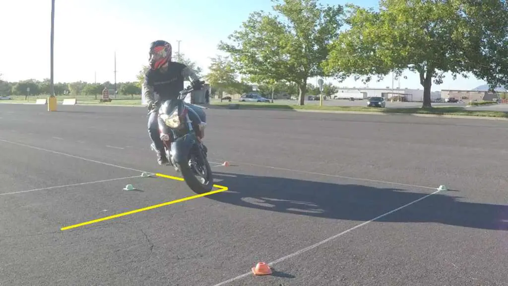 A rider leans into a right-hand turn with clear counterweighting posture, facing the camera. Yellow highlight lines describe the width of the turn, significantly shorter than the previous picture.